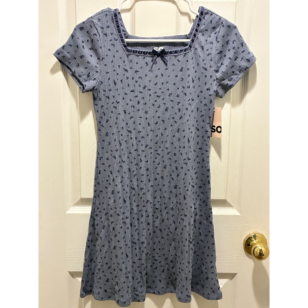 SO Girls Blue Ribbed Floral Print Square Neck Dress NWT Size L 10/12